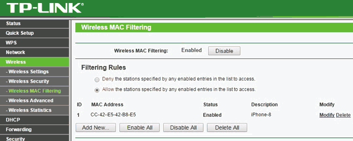 WIFI Mac filtering