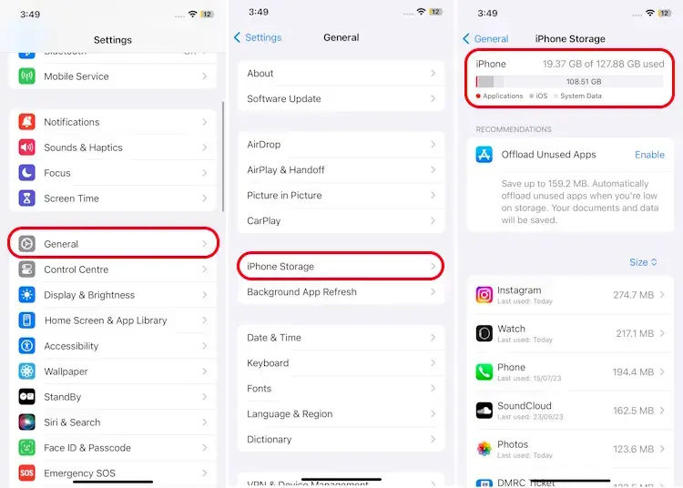 How to check storage on ios