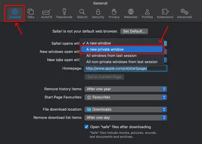 Enable Incognite Mode by default in Safari on Mac